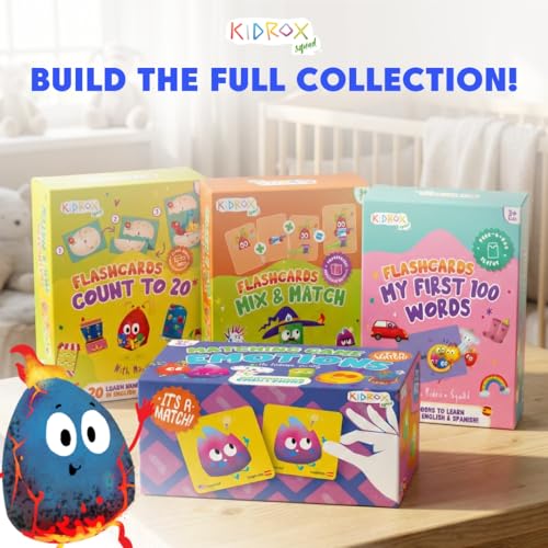 Kidrox 100 First Words Flash Cards for Toddlers, English with Spanish Learning Cards, Preschool Vocabulary & Speech Development Toy with Peek-a-Boo Sleeve for Memory Enhancement & Pattern Recognition - style: First 100 Words