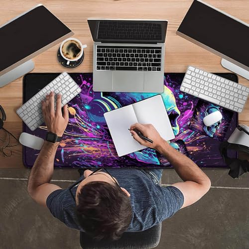 Mouse Pad Desk Mat Ergonomic Wrist Support Pad Set,Mouse Wrist Rest Keyboard Pad with Stitched Edges and Non Slip Base-Skull DJ Music - color: Skull Dj Music