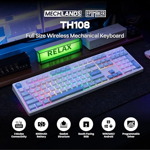 MechLands EPOMAKER TH108 Full Size Mechanical Keyboard, Wireless Gaming Keyboard, 8000mAh Battery, Creamy Gasket, 108 Keys, Hot Swap, Custom Driver, RGB Backlights (Blue&White, Sea Salt Silent Switch) - color: Blue&White, size: Sea Salt Silent Switch