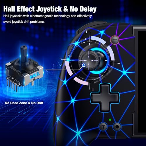 Spican Switch Controllers for Nintendo Switch/Switch OLED, Hall Effect Switch Wireless Pro Controller One-Piece Joypad, Full-Size Handheld Mode Gamepad with RGB Lights/Battery/Turbo/Macro/4 Game Slot - color: Black-Stellar Grid, size: 6.2"/7"
