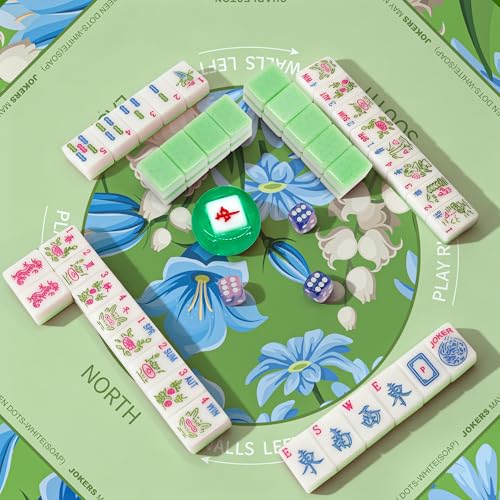 Jolitac American Mahjong Tile Set with 166 Tiles, 1.2-Inch Tiles & Accessories, Mahjong Gift Set with 3 Blue Dice and Mahjong Tile Bag, Portable Travel Game for Adults, Family Night, Gift (No Rack) - color: Green