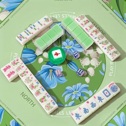 Jolitac American Mahjong Tile Set with 166 Tiles, 1.2-Inch Tiles & Accessories, Mahjong Gift Set with 3 Blue Dice and Mahjong Tile Bag, Portable Travel Game for Adults, Family Night, Gift (No Rack) - color: Green