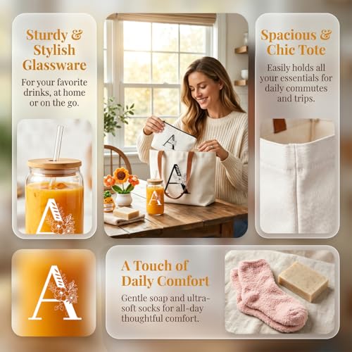 DHQH Birthday Gifts for Women, Monogrammed Gifts Box Included 16 oz Initial Glass Drinking Cup,Canvas Tote Bag, Personalized Iced Coffee Tumbler Gift for Women Her Mom Teacher Friends Sister, A - color: letter-cup-a