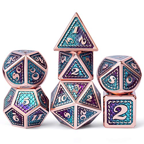 DNDND Metal D&D Dice Set,7 Pieces Dragon Scale Metallic D&D Die with Gift Metal Case for Dungeons & Dragon Game (Teal and Purple with Copper Edge) - color: Teal and Purple With Copper Edge