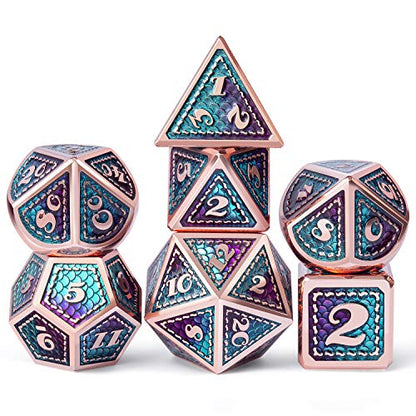 DNDND Metal D&D Dice Set,7 Pieces Dragon Scale Metallic D&D Die with Gift Metal Case for Dungeons & Dragon Game (Teal and Purple with Copper Edge) - color: Teal and Purple With Copper Edge