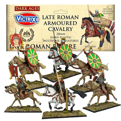 Wargames Delivered - Victrix Late Roman Armoured Cavalry 28mm Miniatures with Bonus Miniature STL Download - 12 Detailed Riders & Horses, Customizable with Swords, Javelins, Spears for Tabletop
