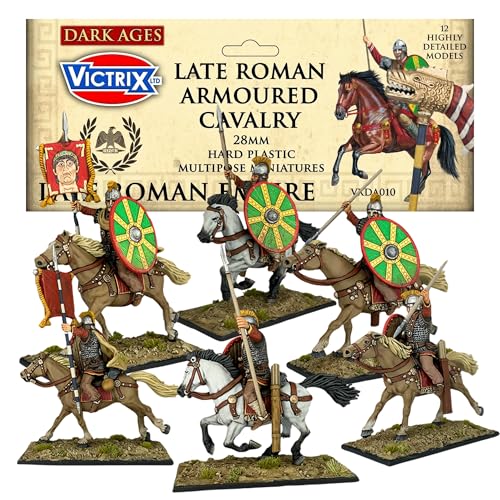 Wargames Delivered - Victrix Late Roman Armoured Cavalry 28mm Miniatures with Bonus Miniature STL Download - 12 Detailed Riders & Horses, Customizable with Swords, Javelins, Spears for Tabletop