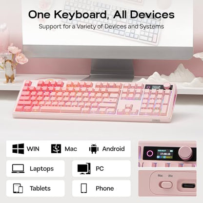 EPOMAKER TH108 V2 PRO Full Size Mechanical Keyboard with Screen&Knob, 10000mAh, BT/2.4Ghz, Mac Modifier PBT Keycap, Hot Swap, RGB, Gasket, Wireless Gaming Keyboard for Mac/PC (Pink, Creamy Jade) - color: Pink, size: Creamy Jade