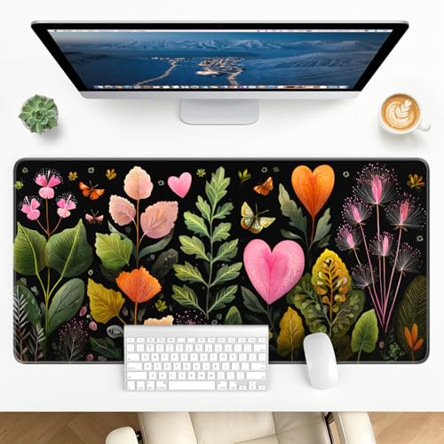 Large Gaming Mouse Pad, XL Desk Protector, Non-Slip Base | 31.5x15.7 in Extended Desk Mat with Stitched Edges for Keyboard, Work, Game, Office, Home PC and Laptop - color: Heart Flowers