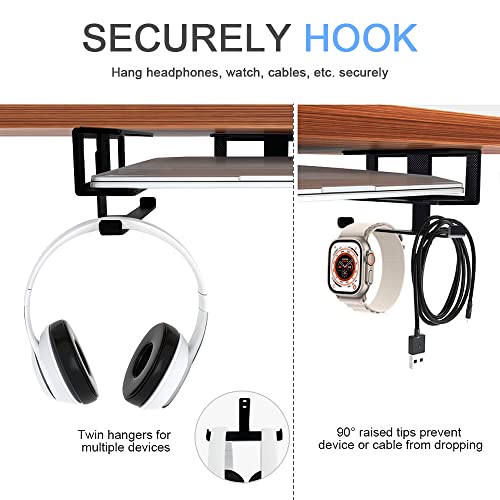 IFCASE Under Desk Laptop Mount & Headphone Holder with Adhesive & Screw, Hard Aluminum Under Table Desk Holder for Laptop, Mac mini, MacBook Pro (Black) - color: Black