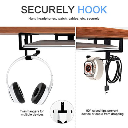 IFCASE Under Desk Laptop Mount & Headphone Holder with Adhesive & Screw, Hard Aluminum Under Table Desk Holder for Laptop, Mac mini, MacBook Pro (Black) - color: Black