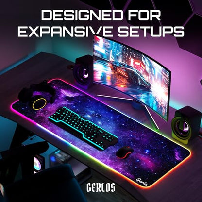 Gerlos RGB Gaming Mouse Pad, Large LED Desk Mat, 31.5 x 11.8 Inch | 12 light modes, non-slip base, water-resistant surface, stitched edges - color: Violet