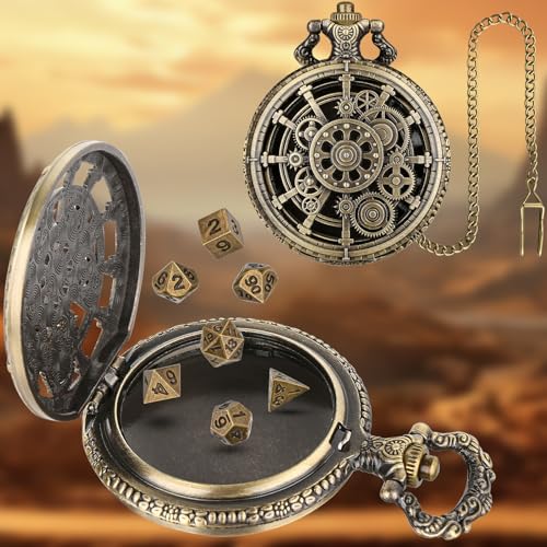 Mini DND Dice Set with Steampunk Hollow Gear Pocket Watch Shell Case, 7pcs Polyhedral Metal D&D Dice, DND Gifts with Gift Box for DND Fans, Role Playing Board Games Accessories - color: Bronze