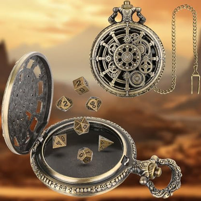 Mini DND Dice Set with Steampunk Hollow Gear Pocket Watch Shell Case, 7pcs Polyhedral Metal D&D Dice, DND Gifts with Gift Box for DND Fans, Role Playing Board Games Accessories - color: Bronze