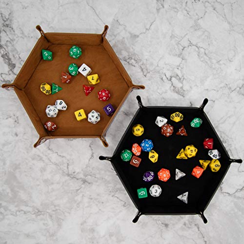 SIQUK 2-Piece Dice Tray - PU Leather Folding Hexagon Dice Holder for RPG, DND and Other Table Games (Camel and Black) - color: Camel and Black