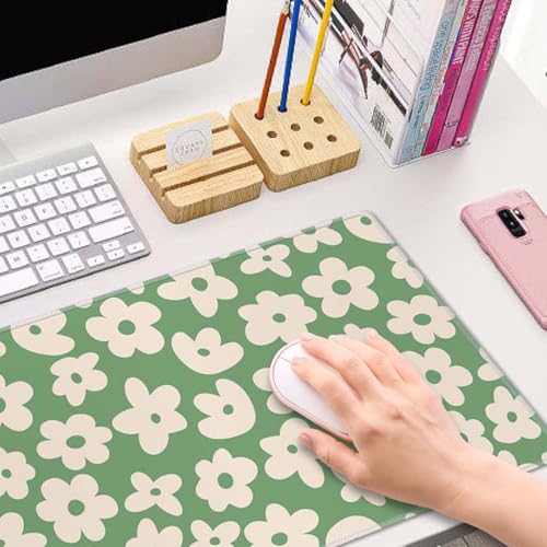 Large Gaming Mouse Pad with Stitched Edges, Green Background Groovy Flowers Desk Mat, Extended XL Keyboard Pad, Non-Slip Rubber Base Desk Pad for Keyboard and Mouse, 31.5X11.8 inch - color: Green Background Groovy Flowers