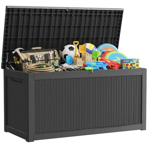 Outdoor Storage Box, 320 Gallon Waterproof Deck Box [Upgraded 3.0], Dual Gas-Spring Ultimate Resin Organizer for King Cushions, Heavy-Duty Lockable Estate Storage Bench, Backyard BBQ, Black - color: Black, size: 320 Gallon 3.0 Max