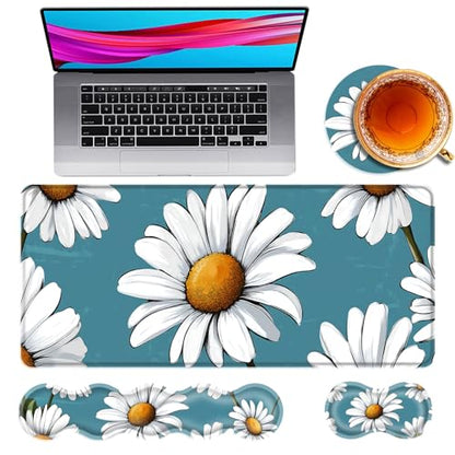 Large Mouse Pad and Keyboard Wrist Rest, Desk Pad for Keyboard and Mouse, 4-in-1 Large Gaming Mouse Pad with Wrist Support, Desk Mat for Home Office Study Game,Daisy Flower - color: Daisy Flower