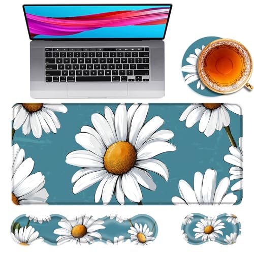 Large Mouse Pad and Keyboard Wrist Rest, Desk Pad for Keyboard and Mouse, 4-in-1 Large Gaming Mouse Pad with Wrist Support, Desk Mat for Home Office Study Game,Daisy Flower - color: Daisy Flower