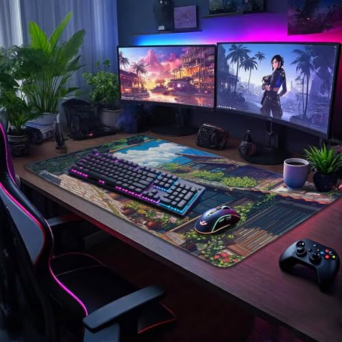 Japanese Street Scene Large Gaming Mouse Pad Desk Mat 31.5"x15.7" | Extended Mousepad, Non-Slip Rubber Base , Stitched Edges, for Computer/Laptop/Office/Home - color: Japanese Street