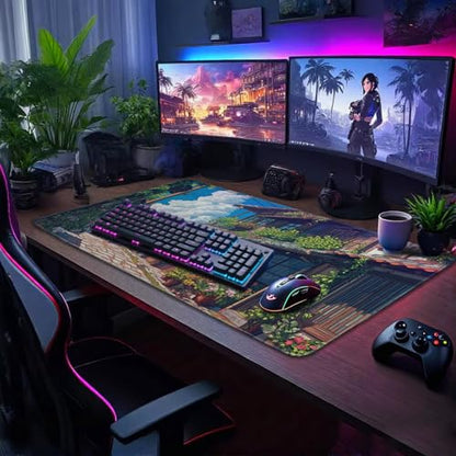 Japanese Street Scene Large Gaming Mouse Pad Desk Mat 31.5"x15.7" | Extended Mousepad, Non-Slip Rubber Base , Stitched Edges, for Computer/Laptop/Office/Home - color: Japanese Street