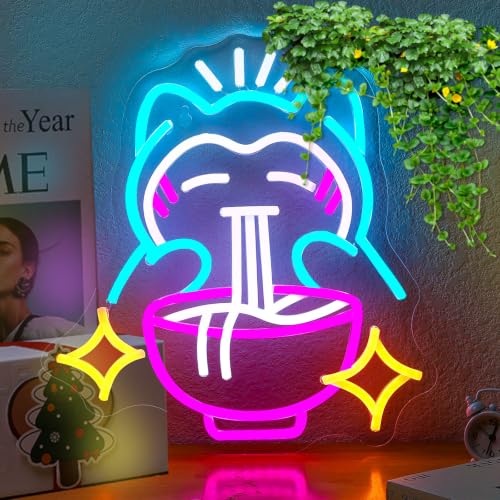 Ramen Neon Sign Cute Bear Noodles Neon Sign for Wall Decor LED Dimmable Japanese Wall Decor Neon Light USB Poweredfor Gaming Rooms, Restaurants, Bars & Kids Bedrooms, Creative Gift with Safe Indoor(13.7inx12.5in) (blue) - color: Blue Bear