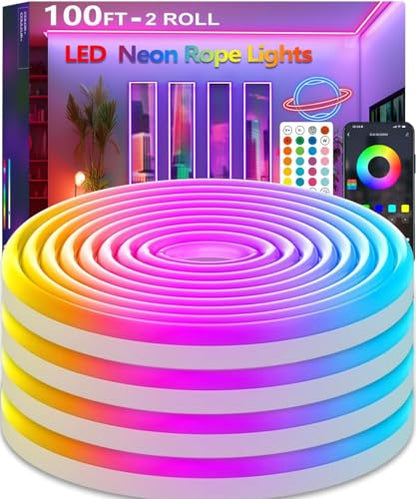 100FT Led Rope Lights,Flexible Neon Light Control with App/Remote,Multiple Modes,IP65 Outdoor Waterproof,Music Sync Strip for Bedroom - size: 100FT-Neon Rope Lights