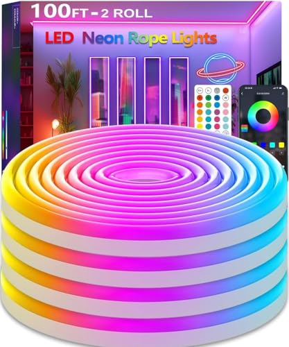 100FT Led Rope Lights,Flexible Neon Light Control with App/Remote,Multiple Modes,IP65 Outdoor Waterproof,Music Sync Strip for Bedroom - size: 100FT-Neon Rope Lights