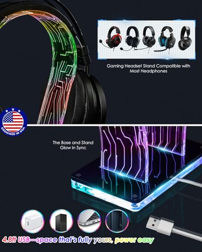 OAPRIRE Acrylic RGB Headphone Stand for Desk with Many Light Modes & Colors | Customizable 213 Lighting Modes & 60,000 Colors, with 4.8ft USB Power Cable, Universal, Sturdy, Gifts for Gamers Men