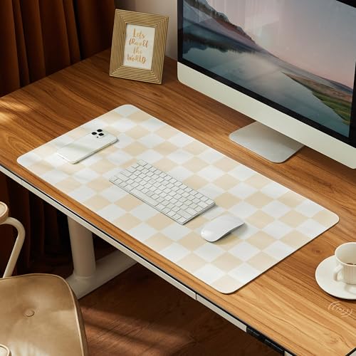 Ohocut Checkered Desk Mat, Large Cute Aesthetic Retro PU Leather Computer Laptop Desk Mat, Non-Slip Waterproof Mouse Keyboard Pad, Desk Writing Mat for Work/Home (Beige, 23.6" x 13.7") - color: Beige, size: 23.6" x 13.7"