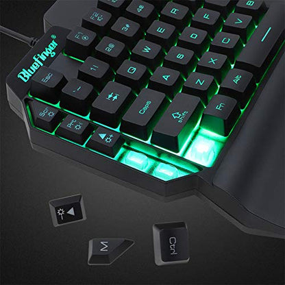 One Hand RGB Gaming Keyboard and Backlit Mouse Combo, USB Wired Rainbow Letters Glow Single Hand Mechanical Feeling With Wrist Rest Support, Gaming Set for Game