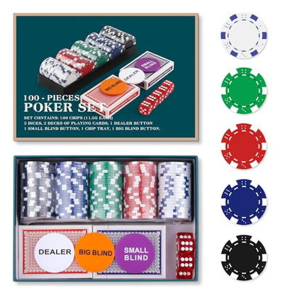 Homwom Poker Chip Travel Set, 100PCS 5 Color Professional Poker Chips in Cardboard Gift Box, 11.5 Gram Clay Composite Casino Poker Chips for Casino Card Games Texas Holdem Blackjack - style: 100pcs