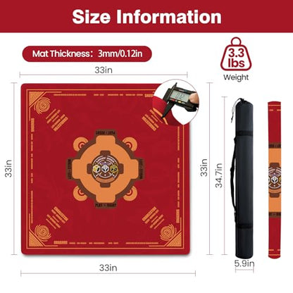 Mahjong Mat (33"x33")- American Mah Jongg Gaming Table Mat with Rules (Red) | Noise Reduction Non-Slip Mahjong Mat for Table with 3 Dice & Carrying Bag, for Mahjong Set/Poker/Card/Dominoes/Board Games - color: Red