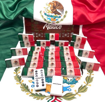 Mexico flag Dominoes Premium Edition Mexican Dominoes Set Deluxe – Double Six Domino Adult Tiles with Mexican Flag Design – Resin & Clear Top Acrylic – Classic Artisan Wooden Storage Case Included