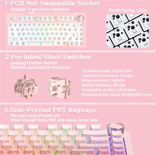 AULA F75 Pro Wireless Mechanical Keyboard Silent Version,75% Hot Swappable Custom Keyboard with Knob,RGB Backlit,Pre-lubed Switches,Side Printed PBT Keycaps,2.4GHz/USB-C/BT5.0 PC Gaming Keyboards,Pink - color: F75Pro Pink-Silent Version