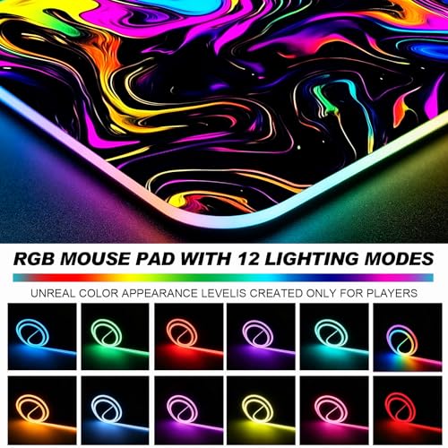 RGB Abstract Colorful Marble Swirl Fluid Gaming Desk Mat, Computer Keyboard Large Extended Long LED Mouse Pad for Office and Home, XL (W22) - color: Rgb-w22