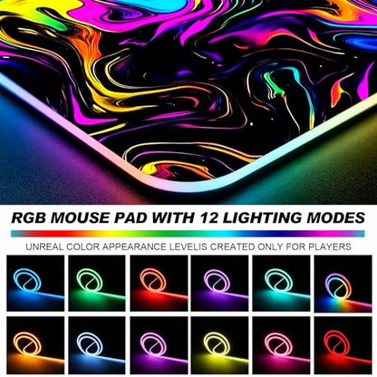 RGB Abstract Colorful Marble Swirl Fluid Gaming Desk Mat, Computer Keyboard Large Extended Long LED Mouse Pad for Office and Home, XL (W22) - color: Rgb-w22