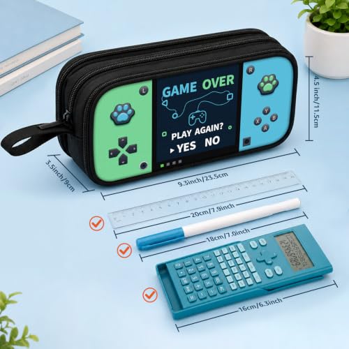 Game Controller Pencil Case for Boys Kids Teens, Large Capacity Pencil Pouch with 3 Compartments, 7 Pockets and Label Pocket for School College Office Travel (Green & Blue) - color: Blue&Green