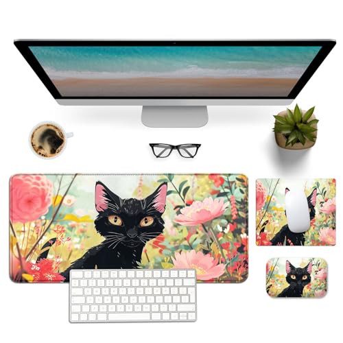 Mouse Pad Desk Mat Ergonomic Wrist Support Pad Set,Mouse Wrist Rest Keyboard Pad with Stitched Edges and Non Slip Base-Black Cat Pink Flowers Cartoon - color: Black Cat Pink Flowers Cartoon
