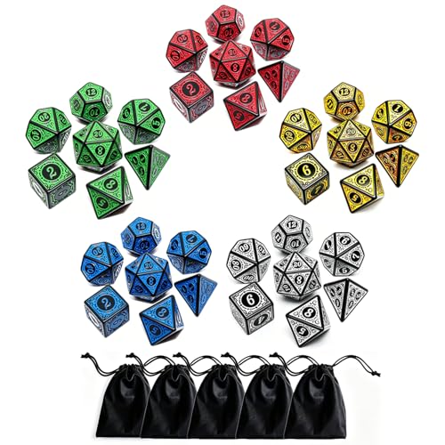 Polyhedral DND Dice Set, 5 Pack Dice Sets Fit for Dungeons and Dragons D&D RPG Games 7-Die Polyhedral Dice with Vintage Pattern 35 Pieces (5 Colors with White) - color: 5 Colors With White