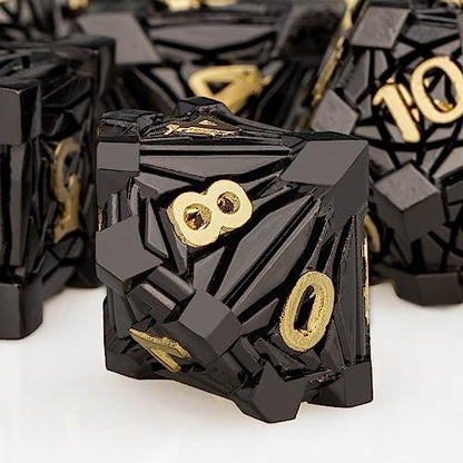 7PCS Metal DND Dice Set with Box, Debris RPG Black Gold D and D Dice for use with D&D Tabletop Games Role Playing Game Polyhedral Dice Set D20 D12 D10 D8 D6 D4 - color: Black Gold