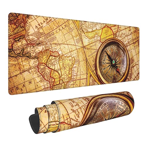Vintage Compass Lies on Ancient World Map Extended Gaming Mouse Pad Large Desk Mat with Non-Slip Rubber Base and Stitched Edges,Keyboard Mouse Mat Desk Pad for Work,Game,Office,Home 35.4 * 15.7 Inch - color: Ancient World Map