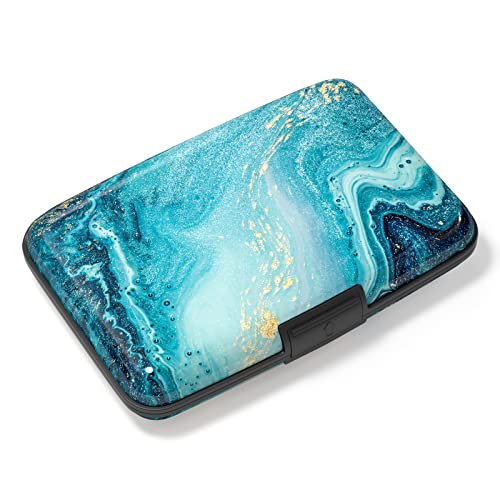 Credit Card Holder, Mini Aluminum Card Wallet RFID Blocking Slim Metal Hard Card Case for Women Men, Blue Ocean Marble - color: Blue Ocean Marble