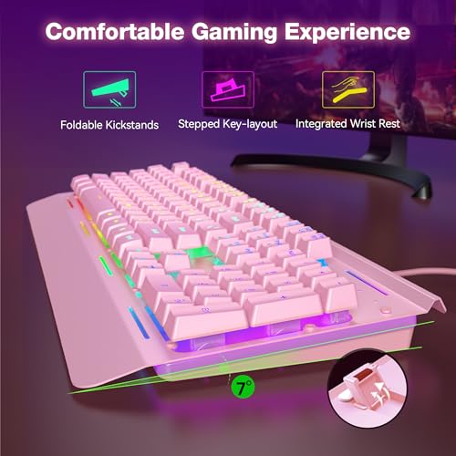 TECKNET Wired Gaming Keyboard, RGB Backlit Keyboard with Metal Panel Design | 15-Zone RGB Illumination, Whisper Quiet Design, IP32 Water Resistance, 25 Anti-ghosting Keys, Ergonomic Design - color: Pink