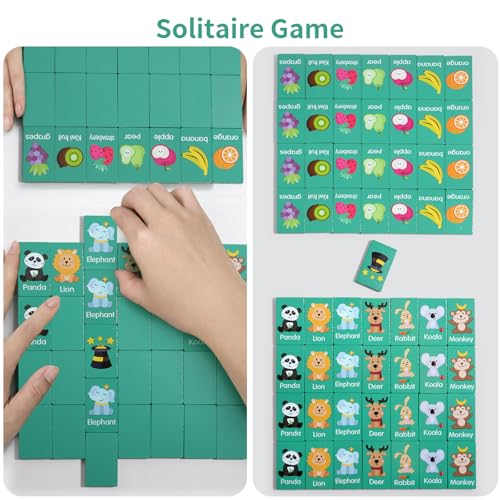 Wooden Dominoes Memory Matching Game for Toddlers 3-6, 57 Pcs Fruit Animal | 3-in-1 Topple Board Games with Storage Bag, Interactive Preschool Educational Toys, Family Reunion Games Gifts for Kids