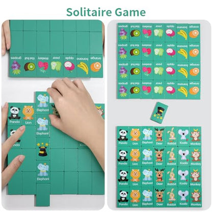 Wooden Dominoes Memory Matching Game for Toddlers 3-6, 57 Pcs Fruit Animal | 3-in-1 Topple Board Games with Storage Bag, Interactive Preschool Educational Toys, Family Reunion Games Gifts for Kids