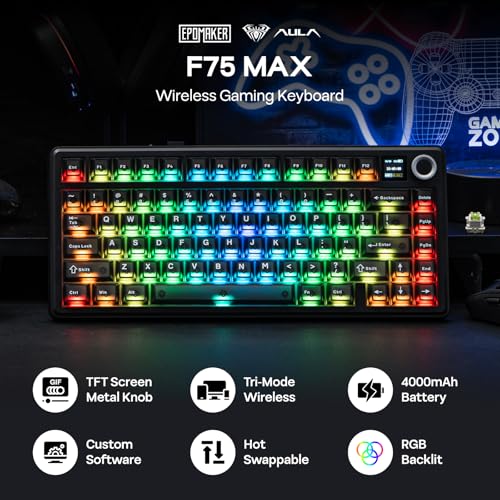 EPOMAKER X Aula F75 MAX Wireless Mechanical Keyboard with TFT Screen and Knob, Gasket Keyboard in 75% Layout, Hot Swappable Gaming Keyboard for PC/Mac/Linux (Matte Black) - color: Matte Black