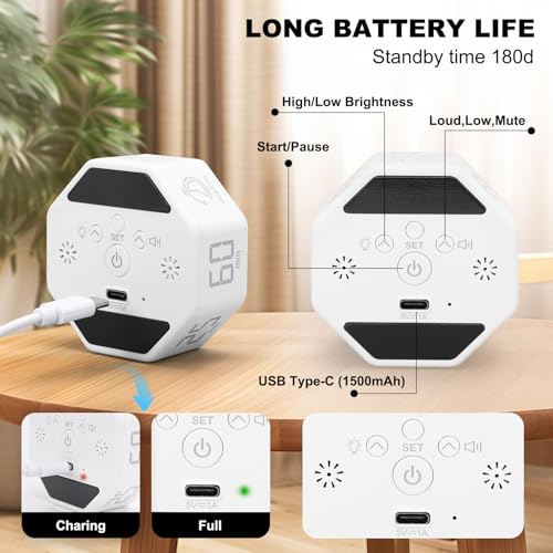 Small Productivity Timer - Pomodoro Timer with 3/5/10/25/60 Min Presets & Custom Countdown | Magnetic Rechargeable Digital Clock for Desk, Study and Games (White) - color: White