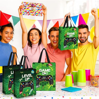 Sweetude 30 Pcs Video Game Gift Bag with Handle Game Party Supplies Reusable Gaming Neon Goody Bag, 2 Styles - style: Green