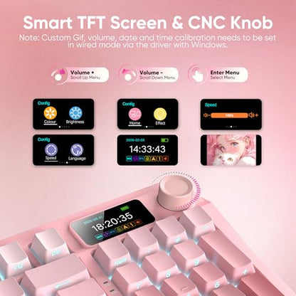 RedThunder K95 Wireless Mechanical Keyboard, TFT Screen & Knob, Triple-Mode, Custom Gasket Mount Hot-Swap, Pre-lubed Linear Pink Switches, RGB Backlit, Side-Printed PBT Keycaps, Gradient Sakura Pink - color: Gradient Sakura Pink